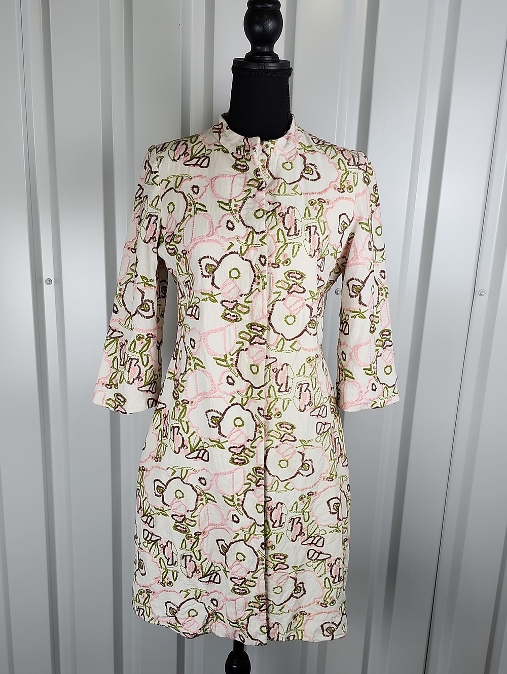 Tibi Women's Floral Embroidered Jacket Sz 8 Pink Green Off White Linen Cotton